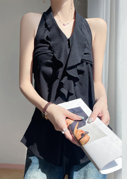 Black Ruffled Cotton Button Summer Backless Blouses
