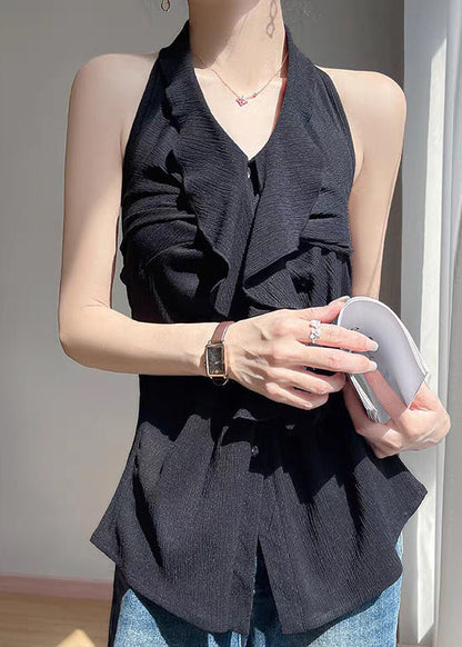 Black Ruffled Cotton Button Summer Backless Blouses