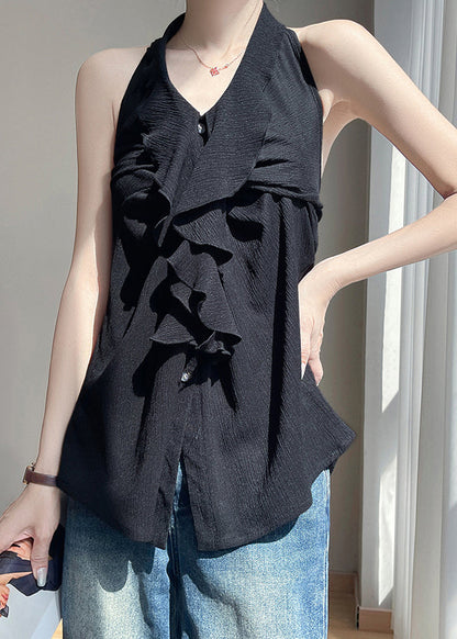 Black Ruffled Cotton Button Summer Backless Blouses