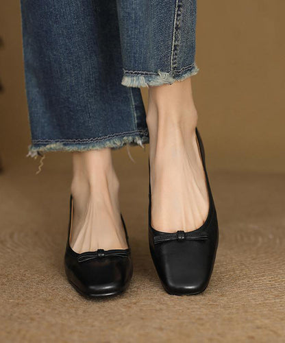 Splicing Black Flats Cowhide Bow Leather Comfortable