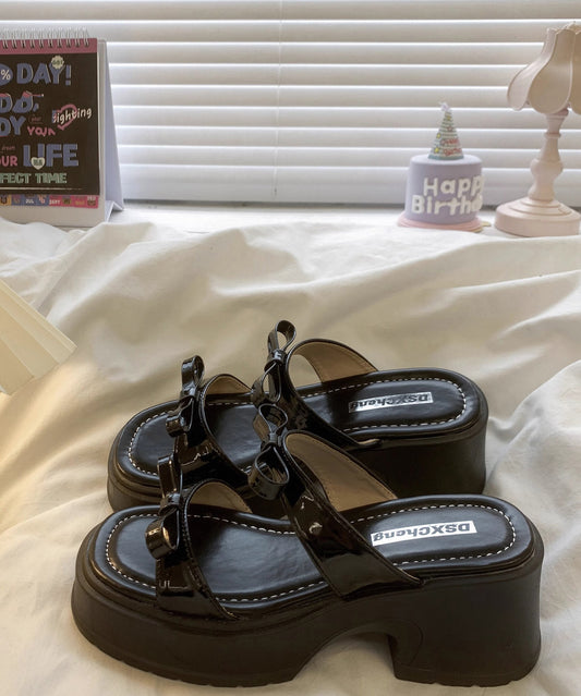 Slide Leather Black Stylish Sandals Faux Bow Chunky Splicing