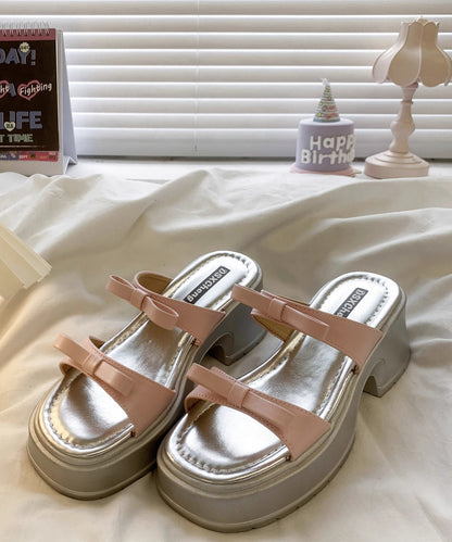 Slide Leather Black Stylish Sandals Faux Bow Chunky Splicing