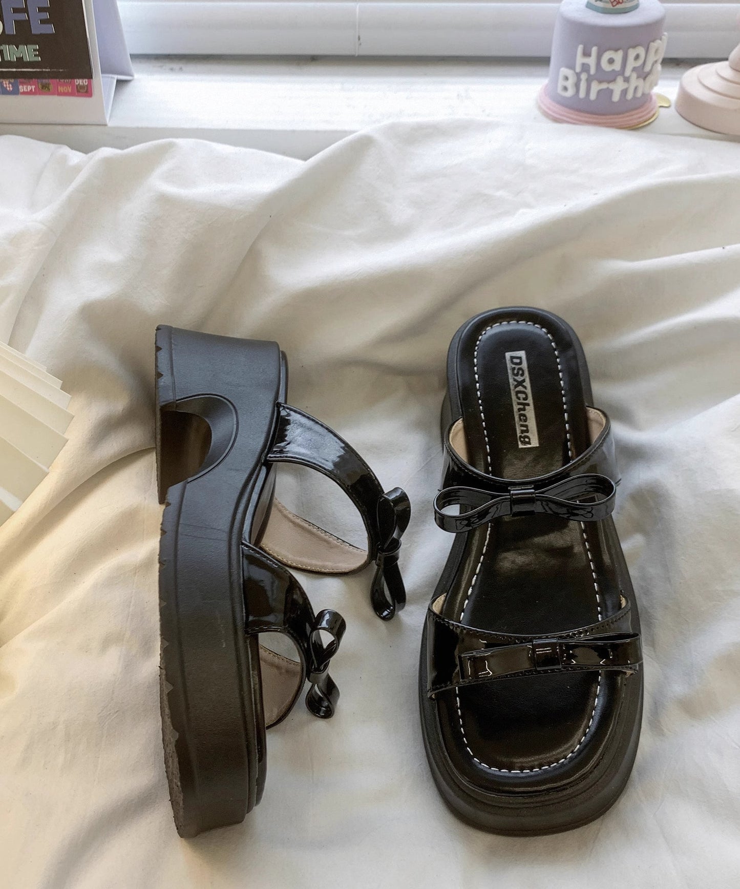 Slide Leather Black Stylish Sandals Faux Bow Chunky Splicing