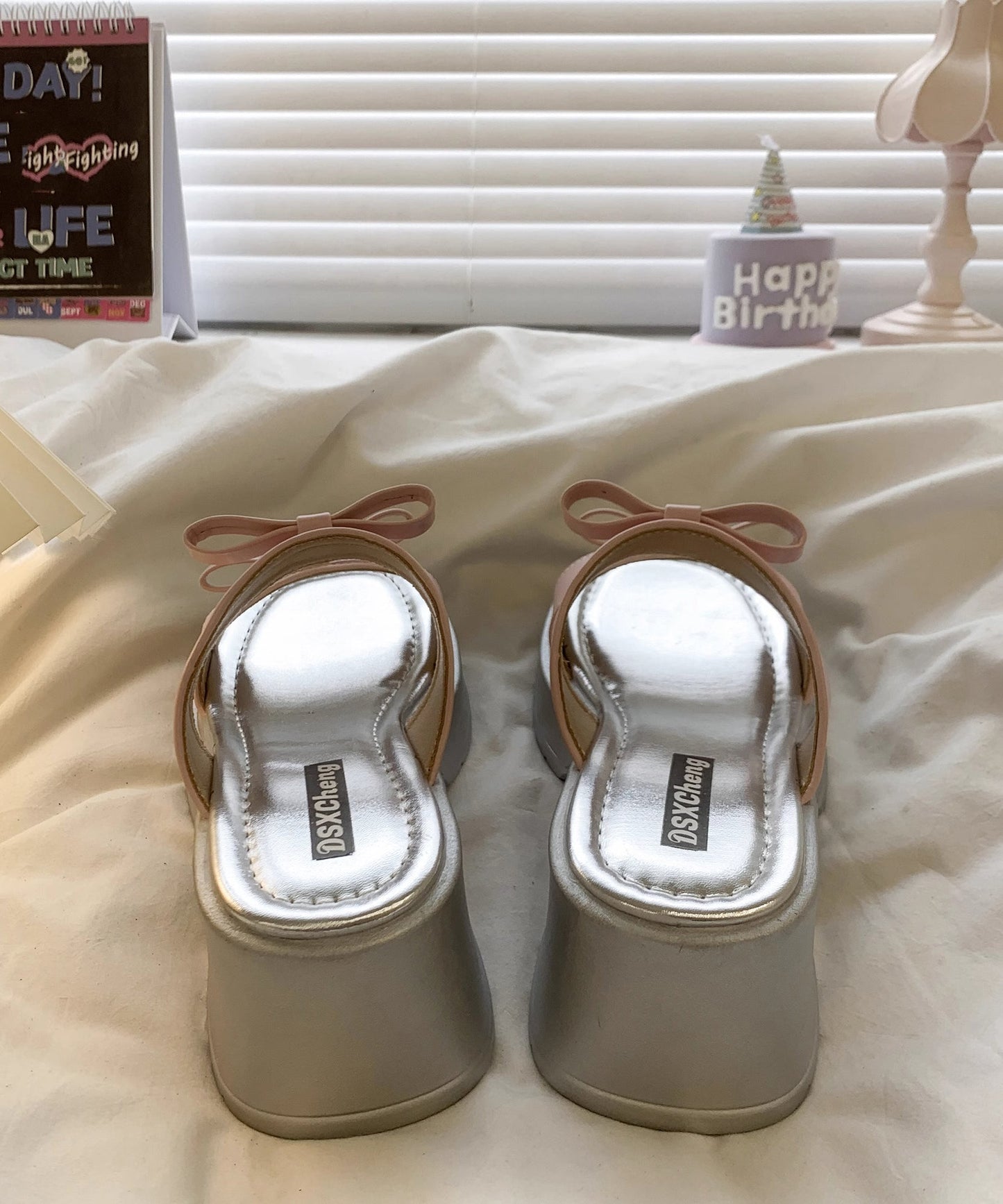 Slide Leather Black Stylish Sandals Faux Bow Chunky Splicing