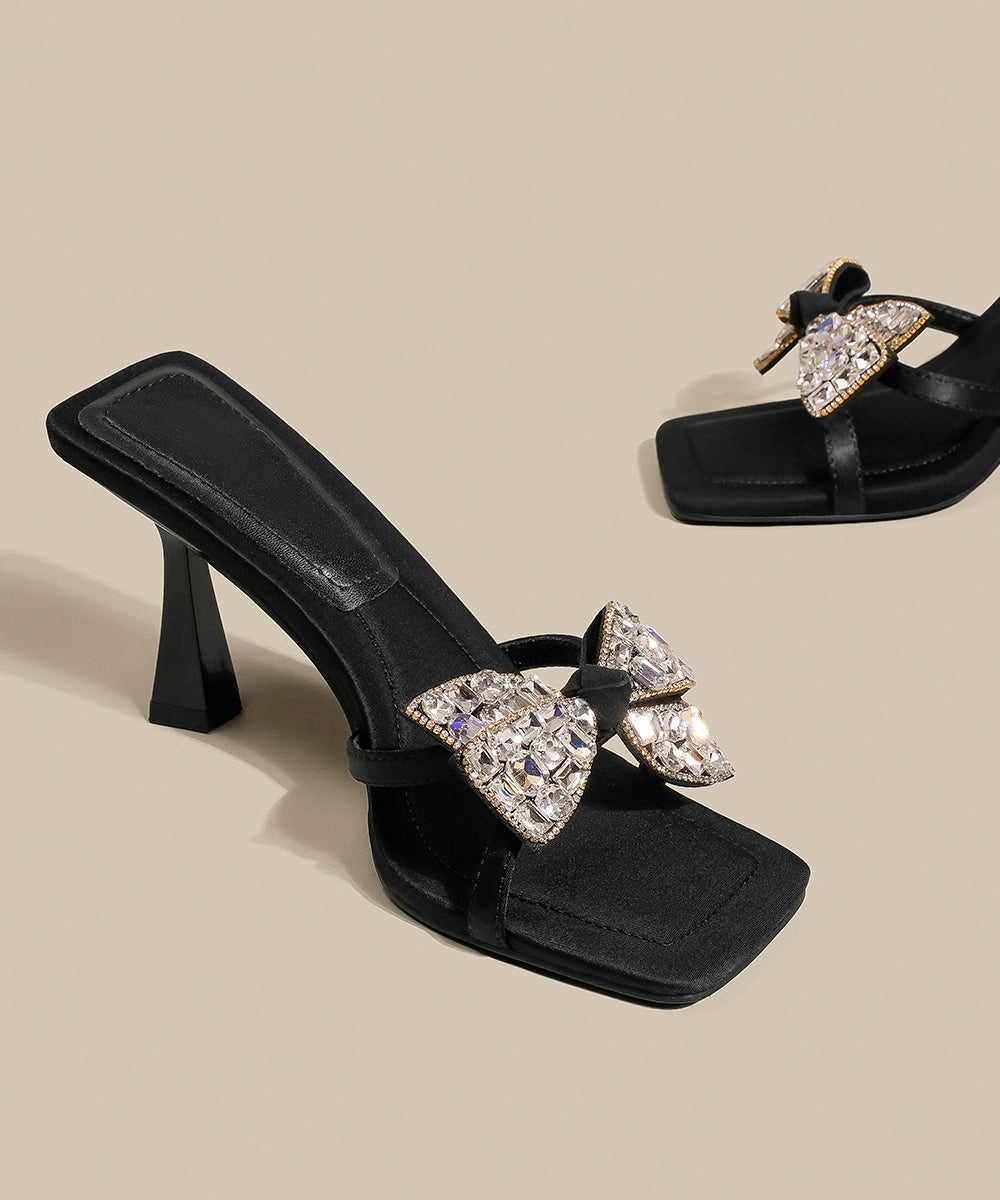 High Splicing Sandals Heel Bow Zircon Black Slide