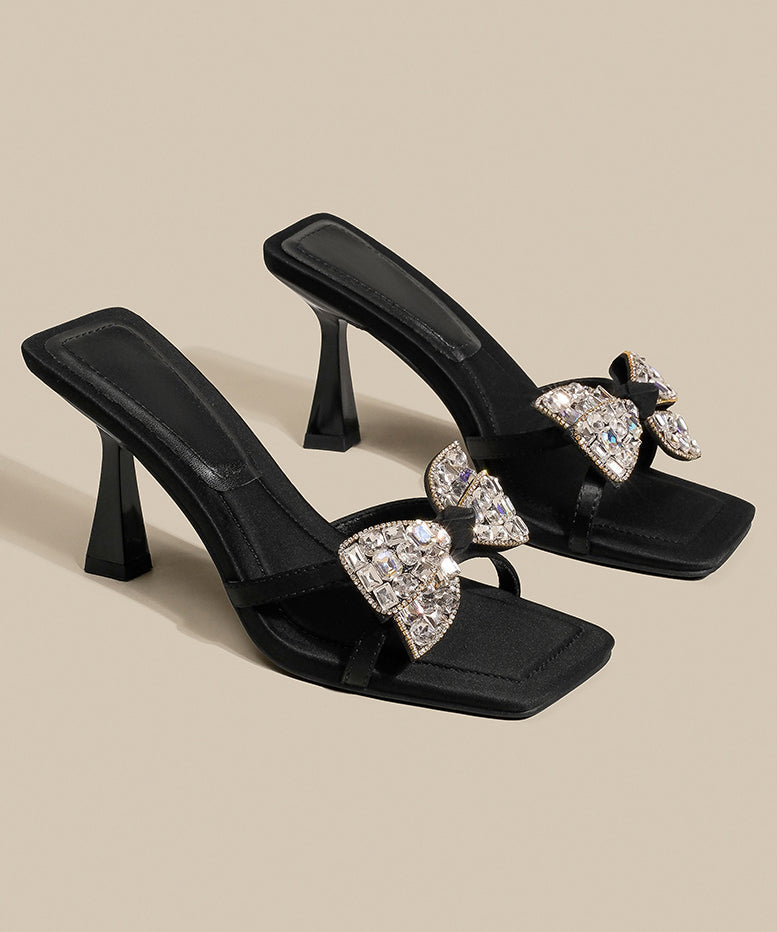 High Splicing Sandals Heel Bow Zircon Black Slide