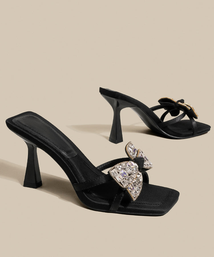 High Splicing Sandals Heel Bow Zircon Black Slide