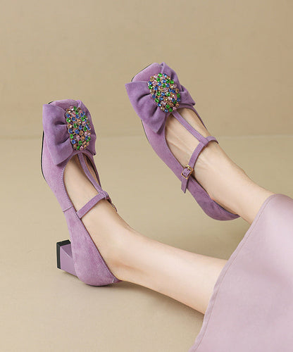 Splicing Suede Chunky Zircon High Buckle Black Bow Heels Strap