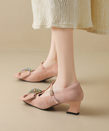 Splicing Suede Chunky Zircon High Buckle Black Bow Heels Strap