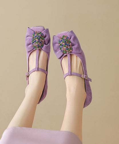 Splicing Suede Chunky Zircon High Buckle Black Bow Heels Strap