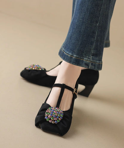 Splicing Suede Chunky Zircon High Buckle Black Bow Heels Strap