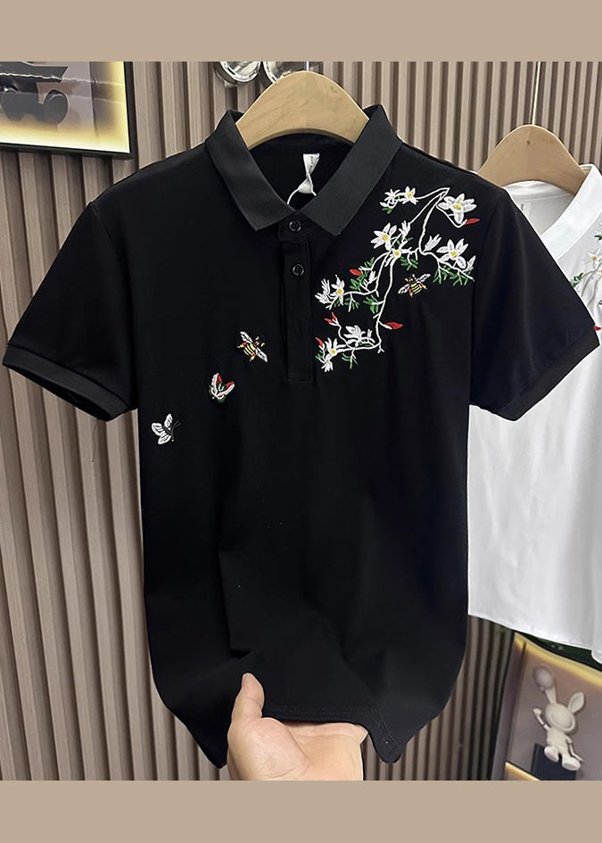 Black Polo Embroideried Summer Shirts Mens Cotton Button