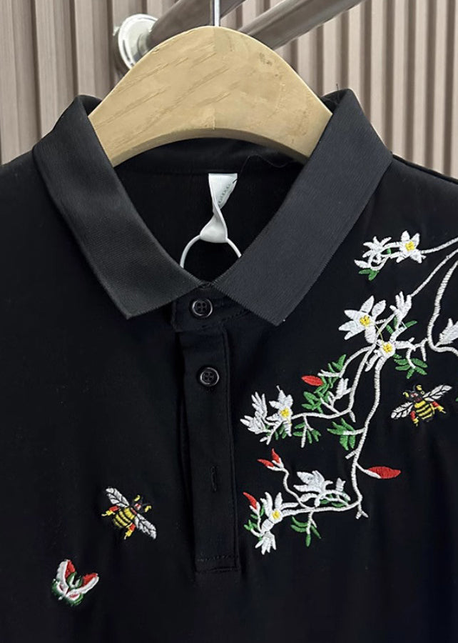 Black Polo Embroideried Summer Shirts Mens Cotton Button