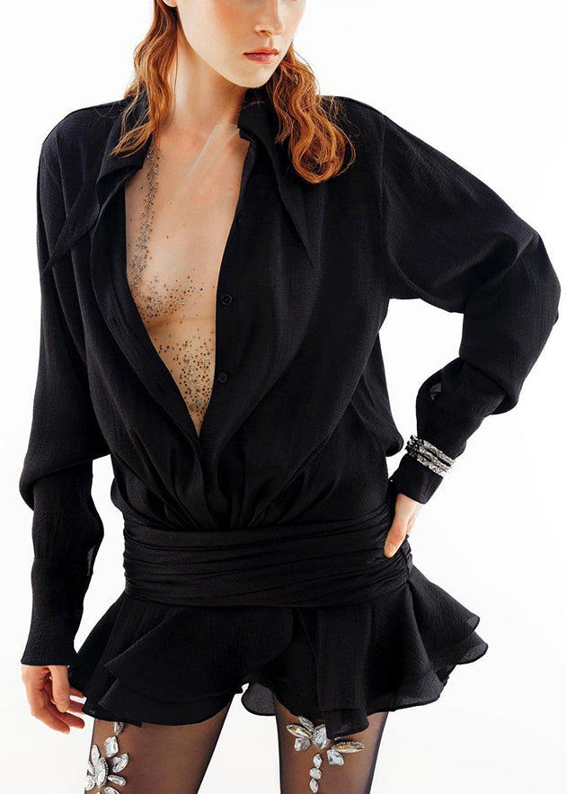 Black Pan Spring Chiffon Button Mini Solid Peter Dresses Collar