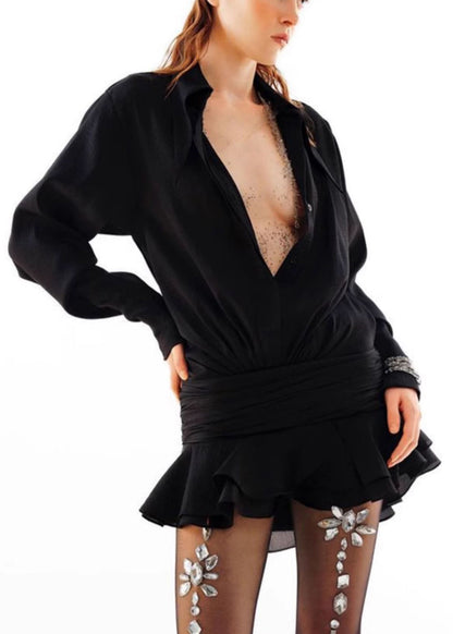 Black Pan Spring Chiffon Button Mini Solid Peter Dresses Collar