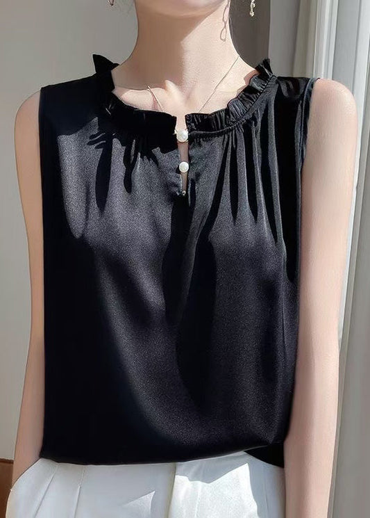 Black Blouse Silk Ruffled Button Sleeveless Solid