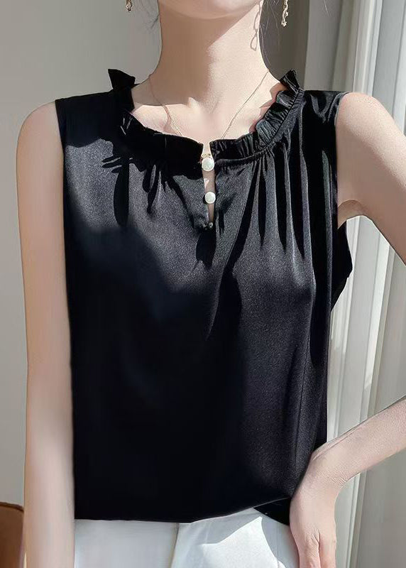 Black Blouse Silk Ruffled Button Sleeveless Solid