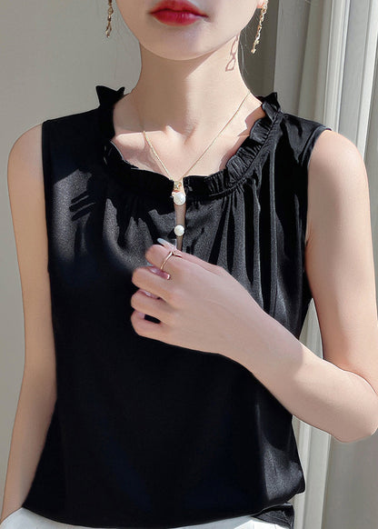 Black Blouse Silk Ruffled Button Sleeveless Solid