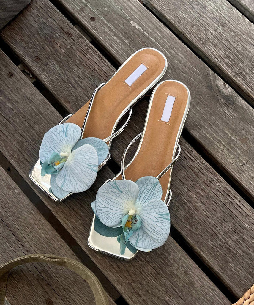 Leather Splicing Black Stylish Slide Sandals Faux Floral Chunky