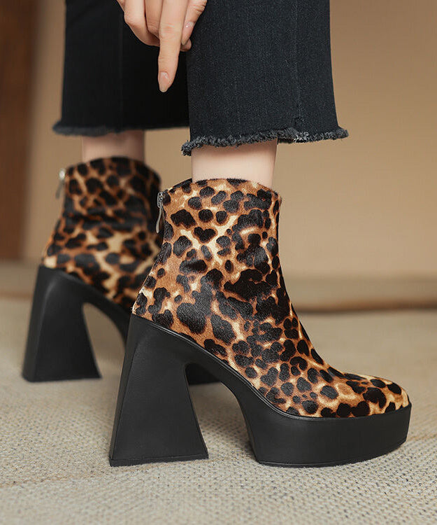 Black Chunky Heel Fashion Zippered Splicing Horsehair Boots YR036