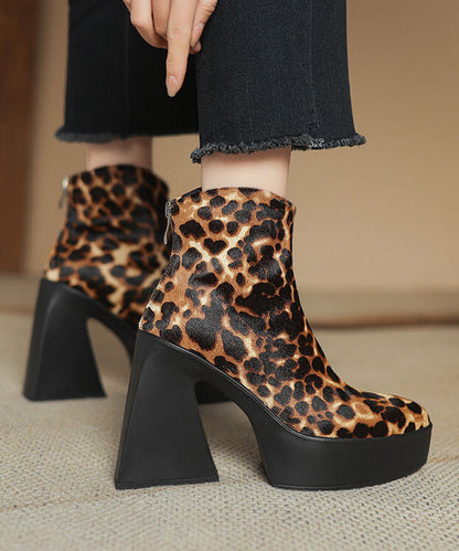 Black Chunky Heel Fashion Zippered Splicing Horsehair Boots YR036