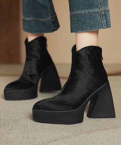 Black Chunky Heel Fashion Zippered Splicing Horsehair Boots YR036