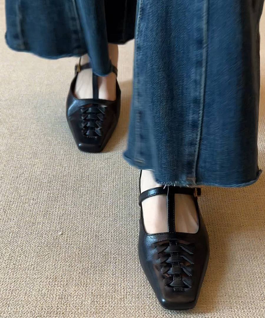 Splicing Elegant Chunky Sandals Black Slide Sheepskin