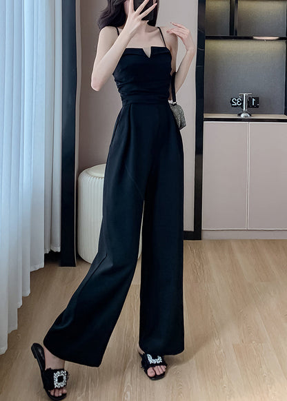 Shoulder Jumpsuits Pockets Cold Black Silk Solid Sleeveless