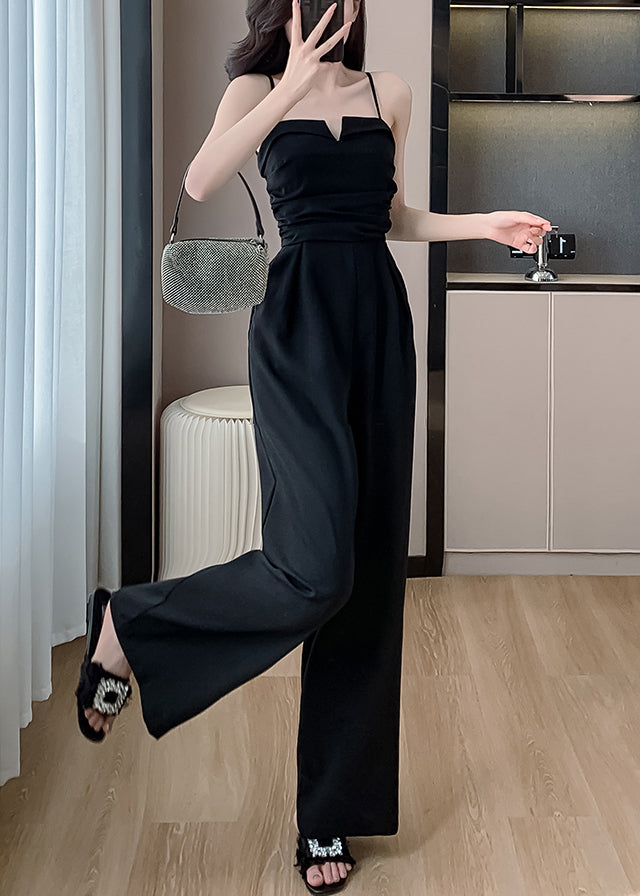Shoulder Jumpsuits Pockets Cold Black Silk Solid Sleeveless