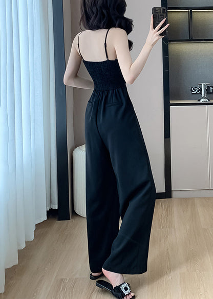 Shoulder Jumpsuits Pockets Cold Black Silk Solid Sleeveless