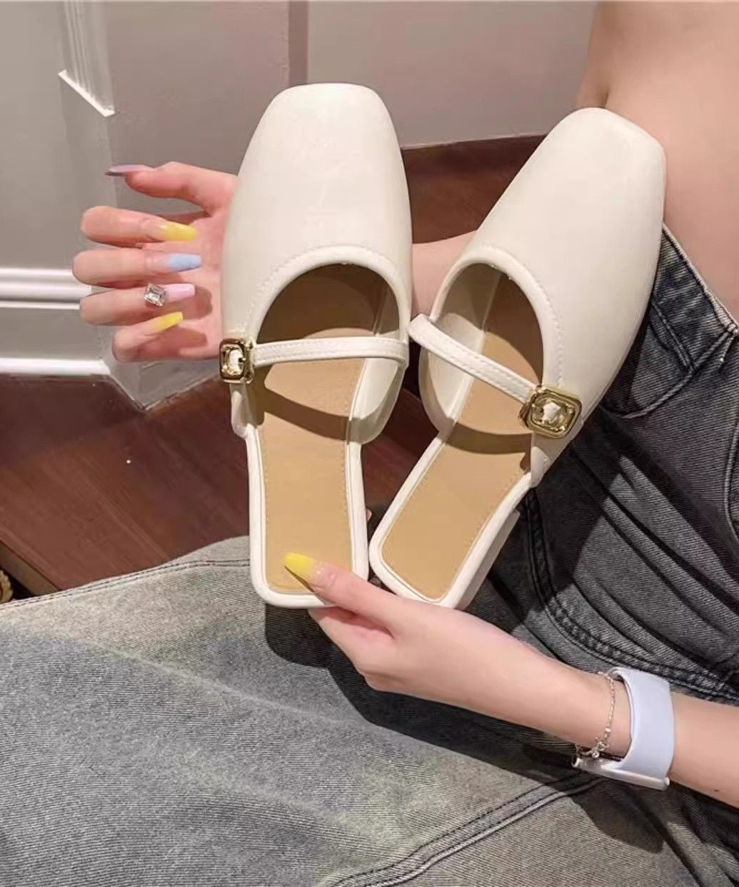 Splicing Sandals Slide Faux Comfortable Black Leather