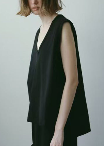 Sleeveless Cotton Tops V Neck Black Tank