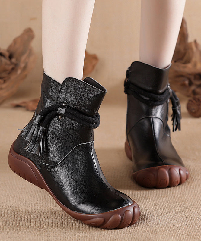 Splicing Leather Cowhide Tassel Black Boots Retro Comfortable