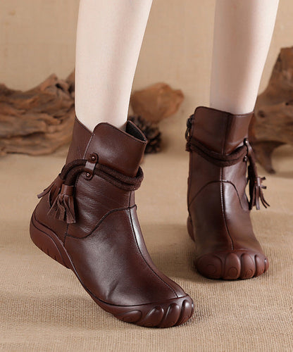 Cowhide Black Retro Comfortable Leather Boots Tassel Splicing