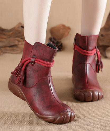 Cowhide Black Retro Comfortable Leather Boots Tassel Splicing