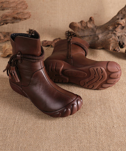 Splicing Leather Cowhide Tassel Black Boots Retro Comfortable