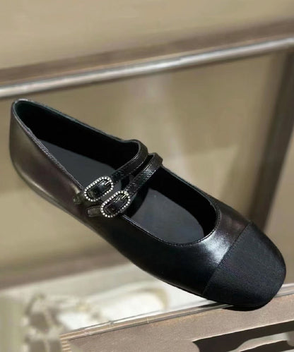 Feet Cowhide Black Leather Shoes Flat Strap Splicing Buckle