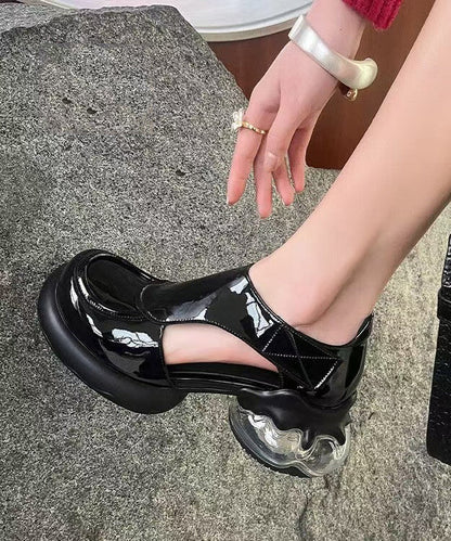Chic Platform Out Splicing Cowhide Hollow Black Loafers Leather