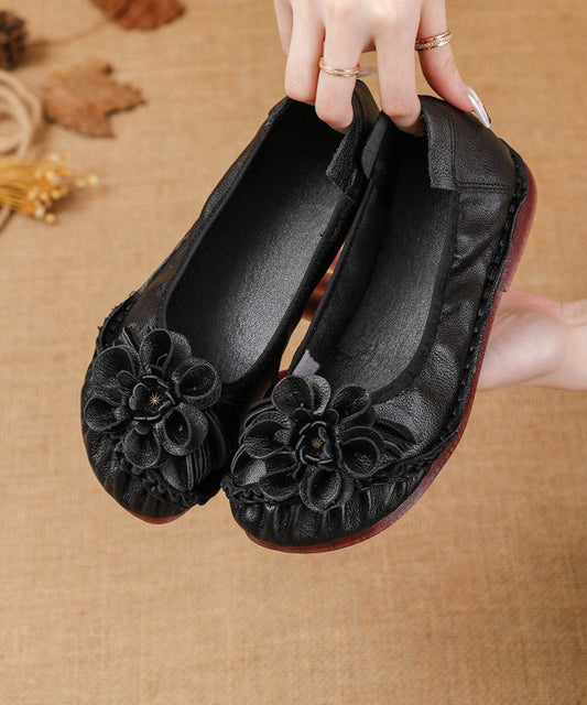 For Black Shoes Soft Flat Leather Splicing Cowhide Women