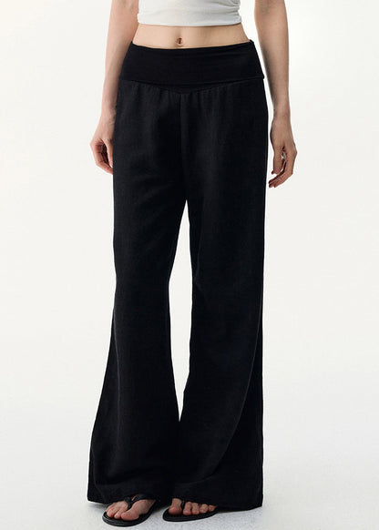 Black Pants Elastic Cozy Waist Leg Wide Linen