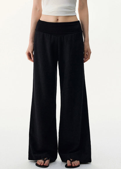 Black Pants Elastic Cozy Waist Leg Wide Linen