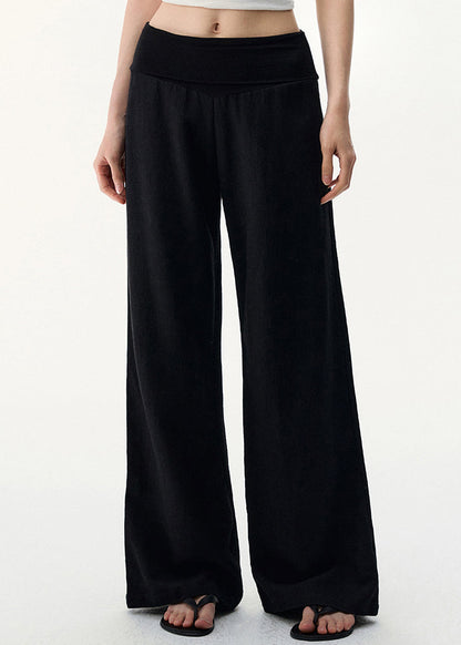 Black Pants Elastic Cozy Waist Leg Wide Linen