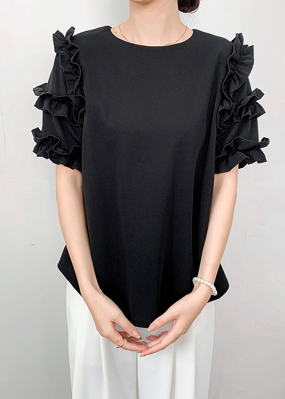 Ruffled Summer Chiffon Shirt Draping Black
