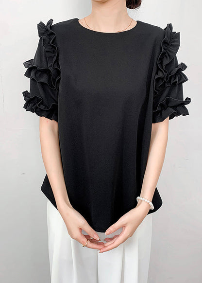 Ruffled Summer Chiffon Shirt Draping Black