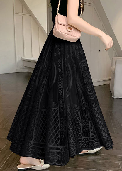 Waist Elastic Skirt Lace Embroidered Summer Black