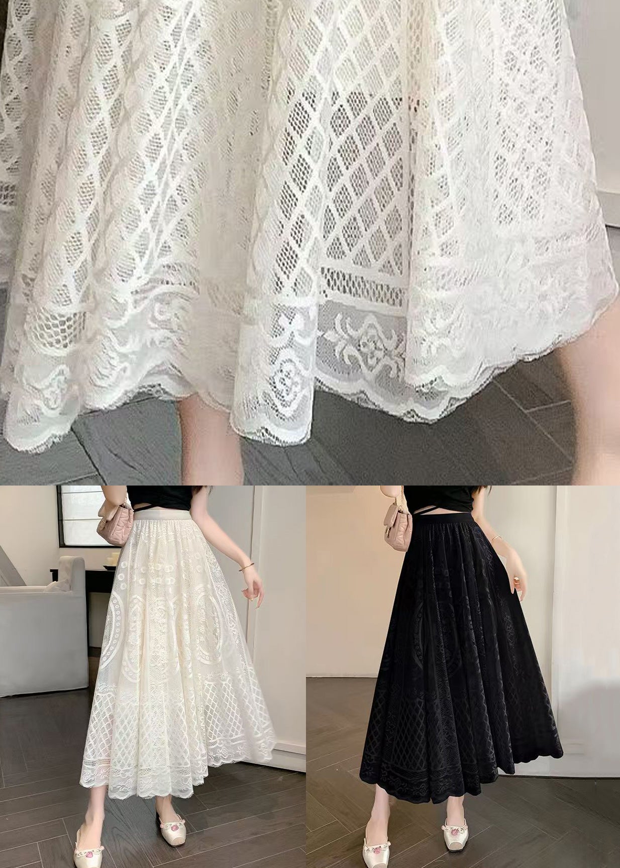 Waist Elastic Skirt Lace Embroidered Summer Black