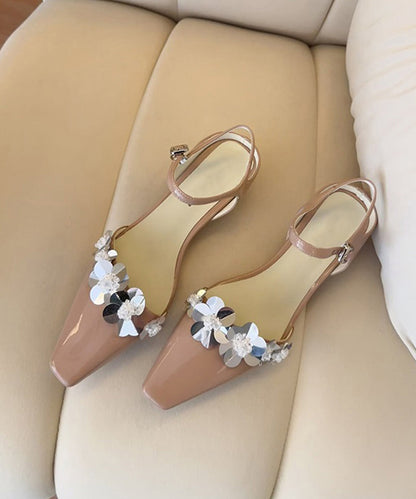 Floral Black Sandals Splicing Leather Chunky Faux