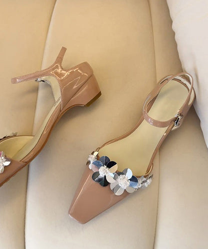 Floral Black Sandals Splicing Leather Chunky Faux