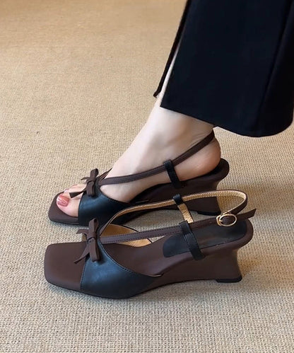 Peep Black Toe Wedge Splicing Heels Faux Sandals Leather