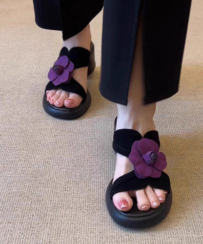 Toe Sandals Slide Splicing Peep Floral Chunky Black